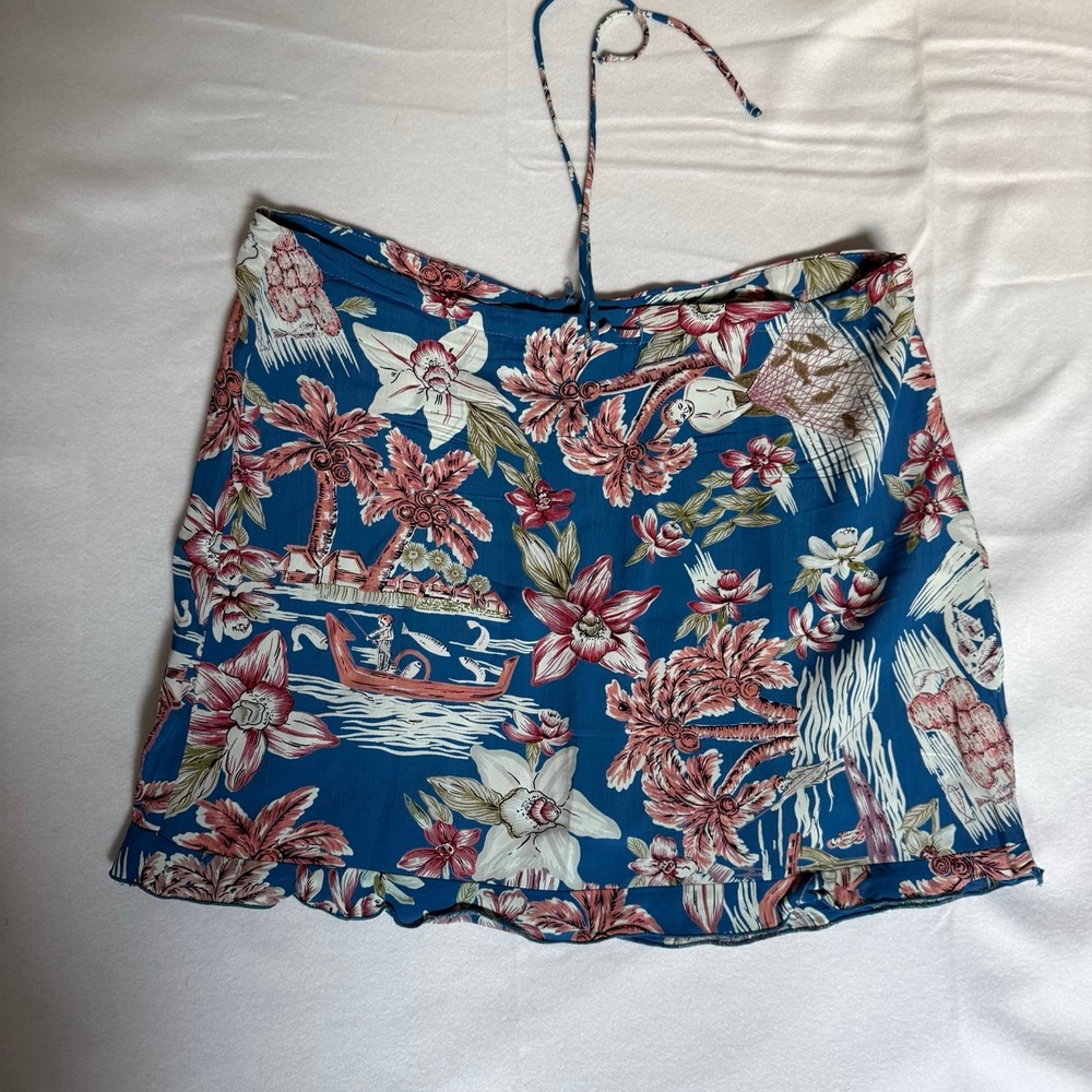 Vintage Lucy Love Blue Tropical Floral Mini Skirt Womens Large Hawaiian Print